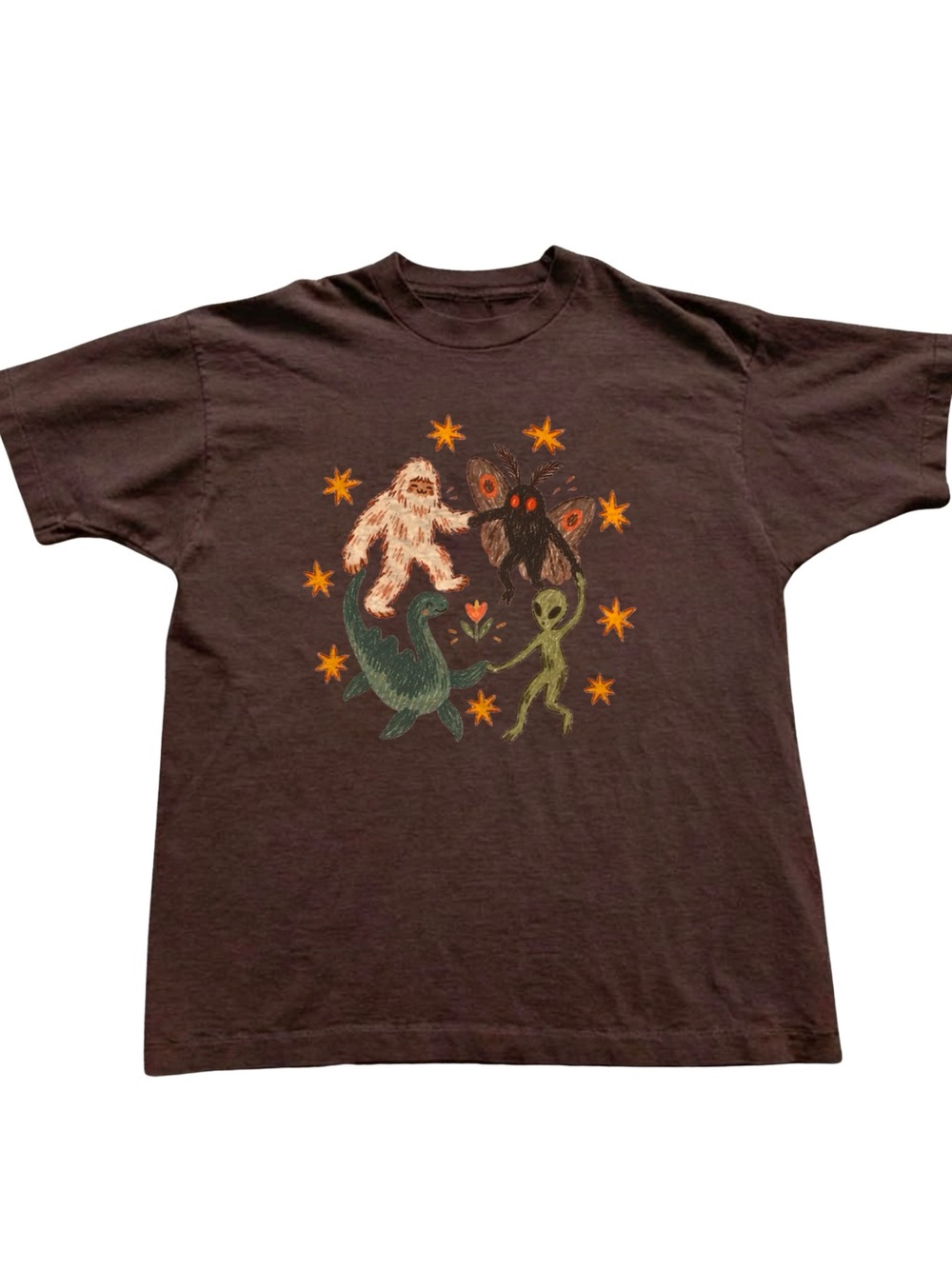 Dancing Cryptids Mothman Bigfoot Alien Paranormal Brown Tee